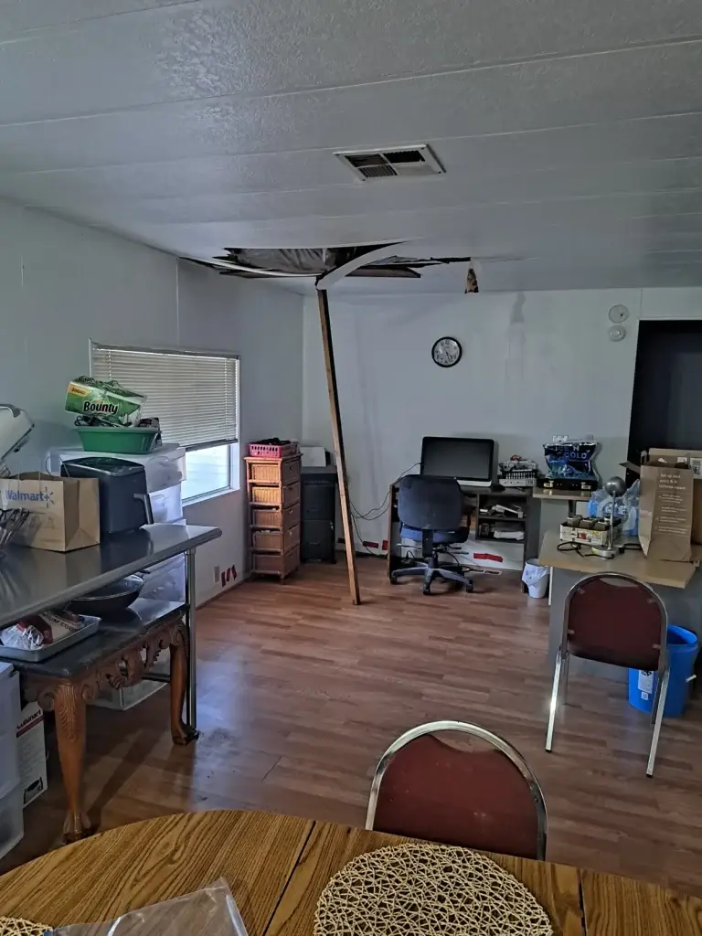 Collapsed mobile home ceiling before repair