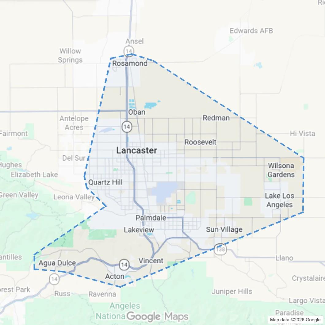 Map of the Lancaster Drywall Repair Pros service area, from Rosamond to Acton and Agua Dulce, including Lancaster, Palmdale, Quartz Hill and Lake Los Angeles